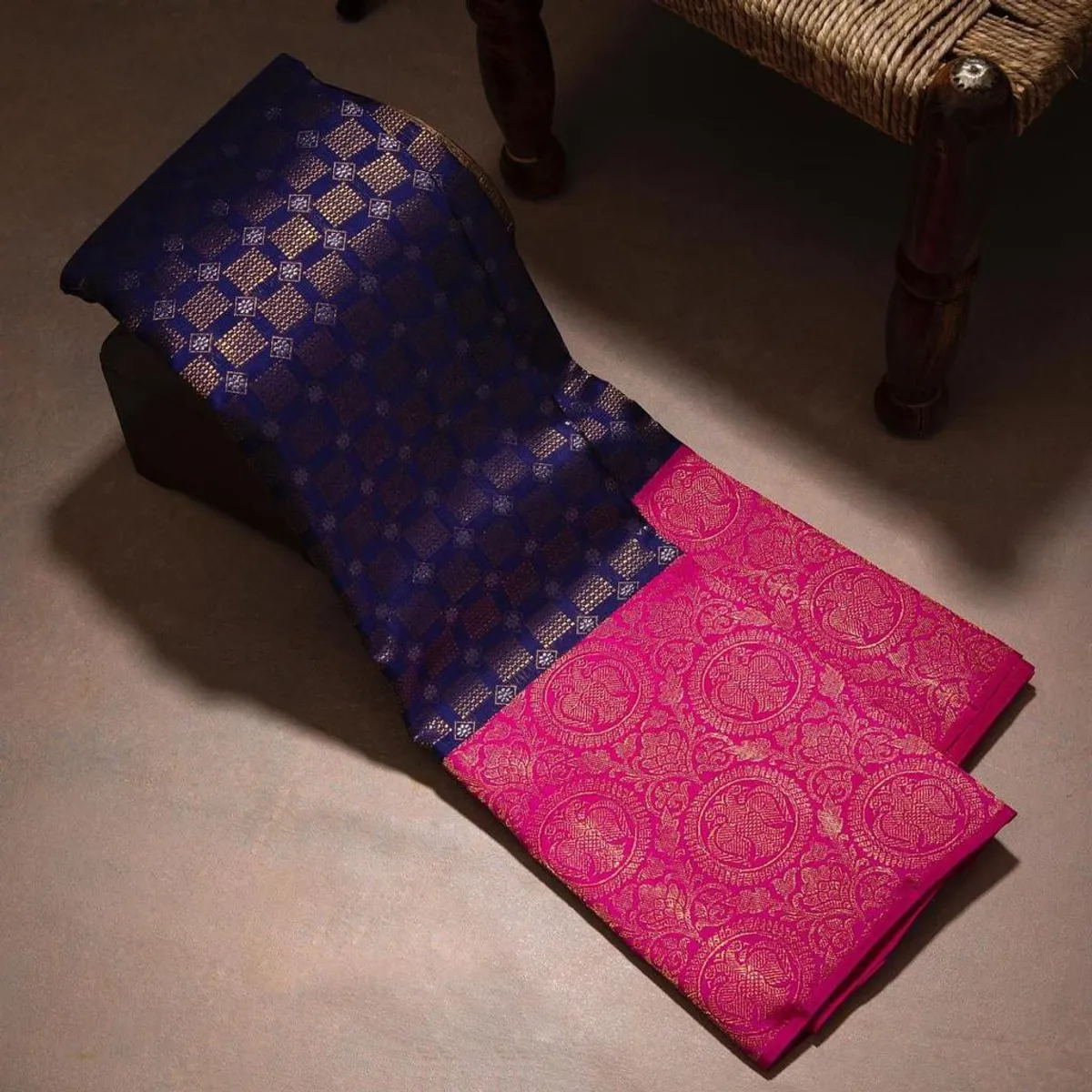 Dark Blue Woven Kanjivaram Silk Saree with Saree Cover